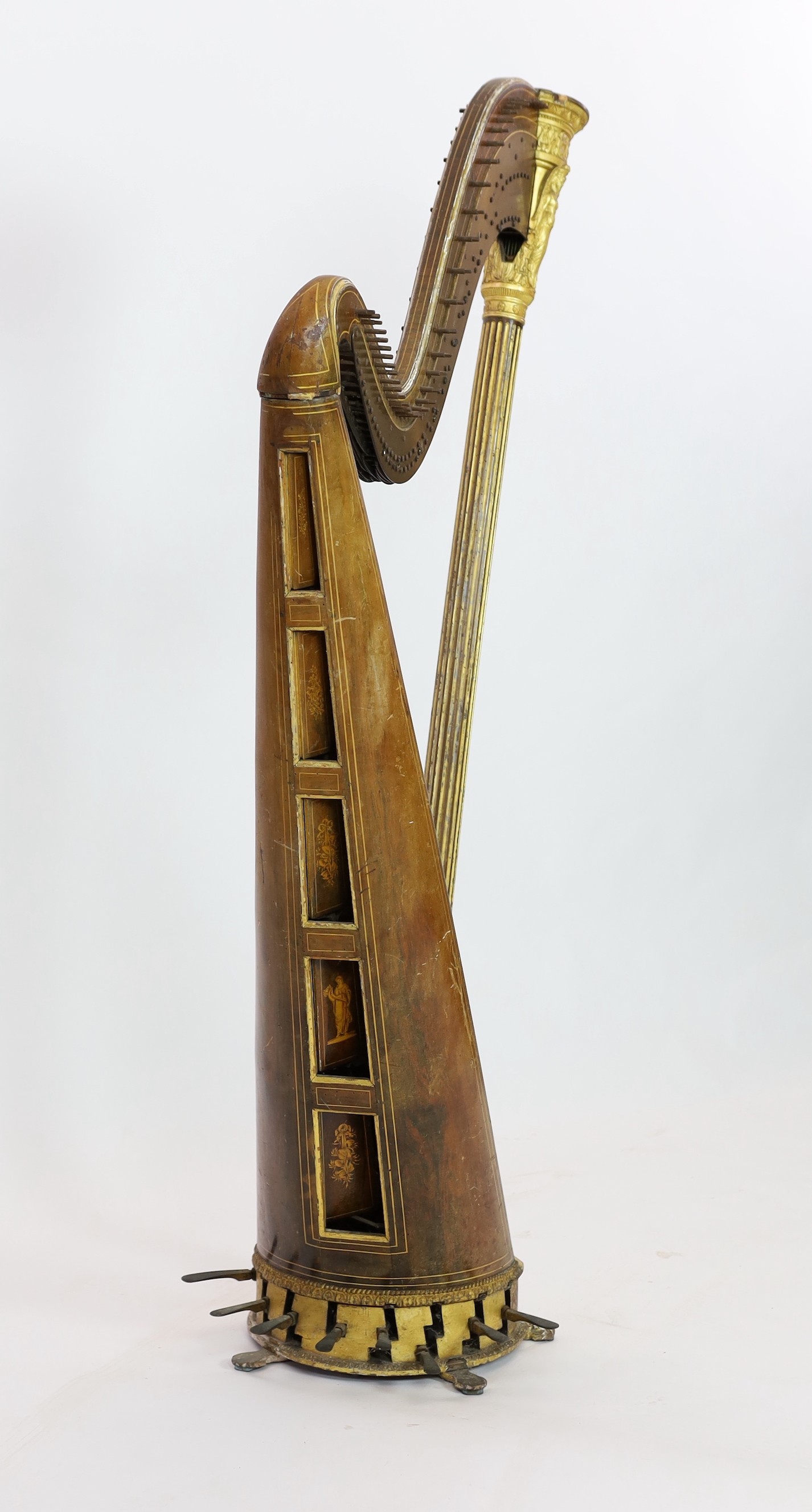 A mid 19th century J.Schwieso giltwood, satinwood and rosewood 'Grecian' concert harp, width 84cm, height 170cm.